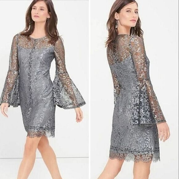 WHBM Metallic Lace Bell-Sleeve Shift Dress Women’s size 0 - Picture 2 of 14